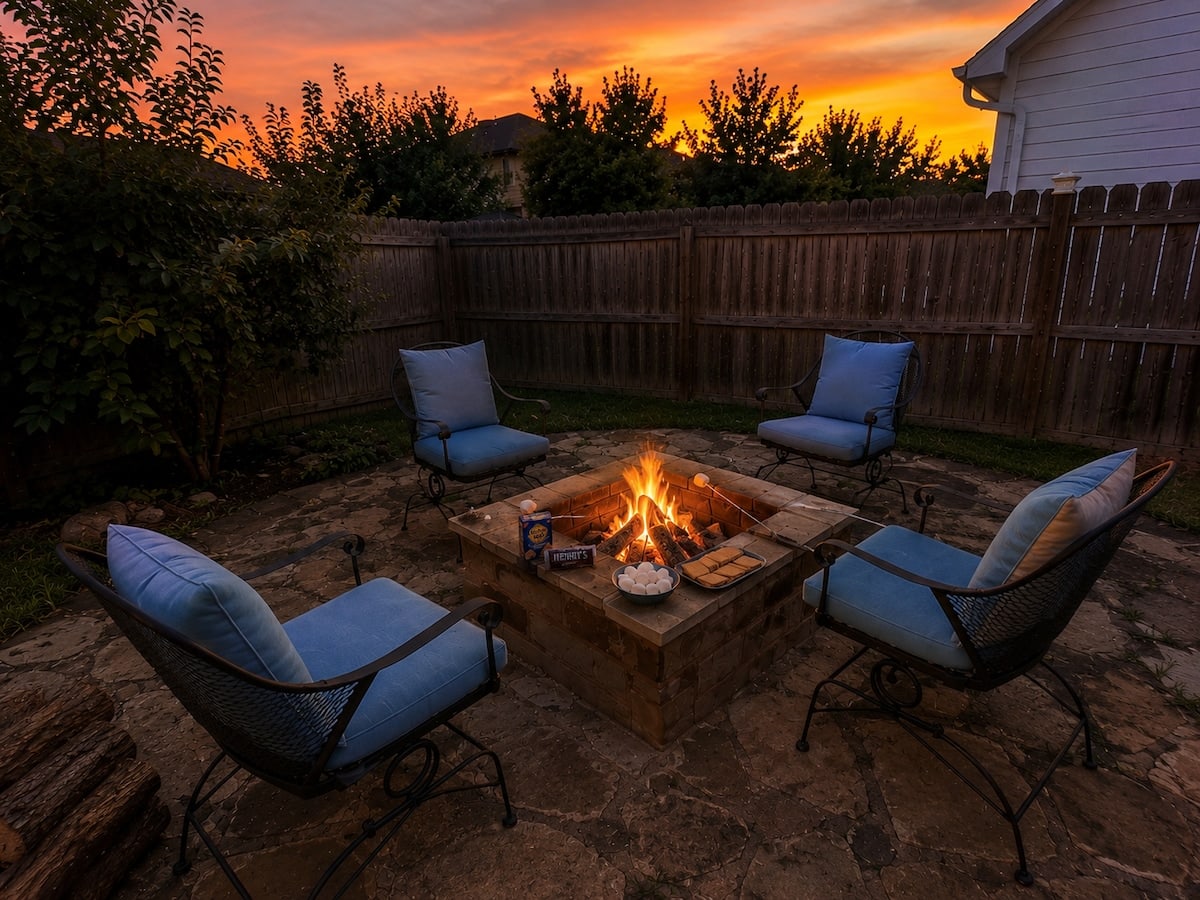 The Poolside Retreat, garden fire pit at dusk, Kyle, TX